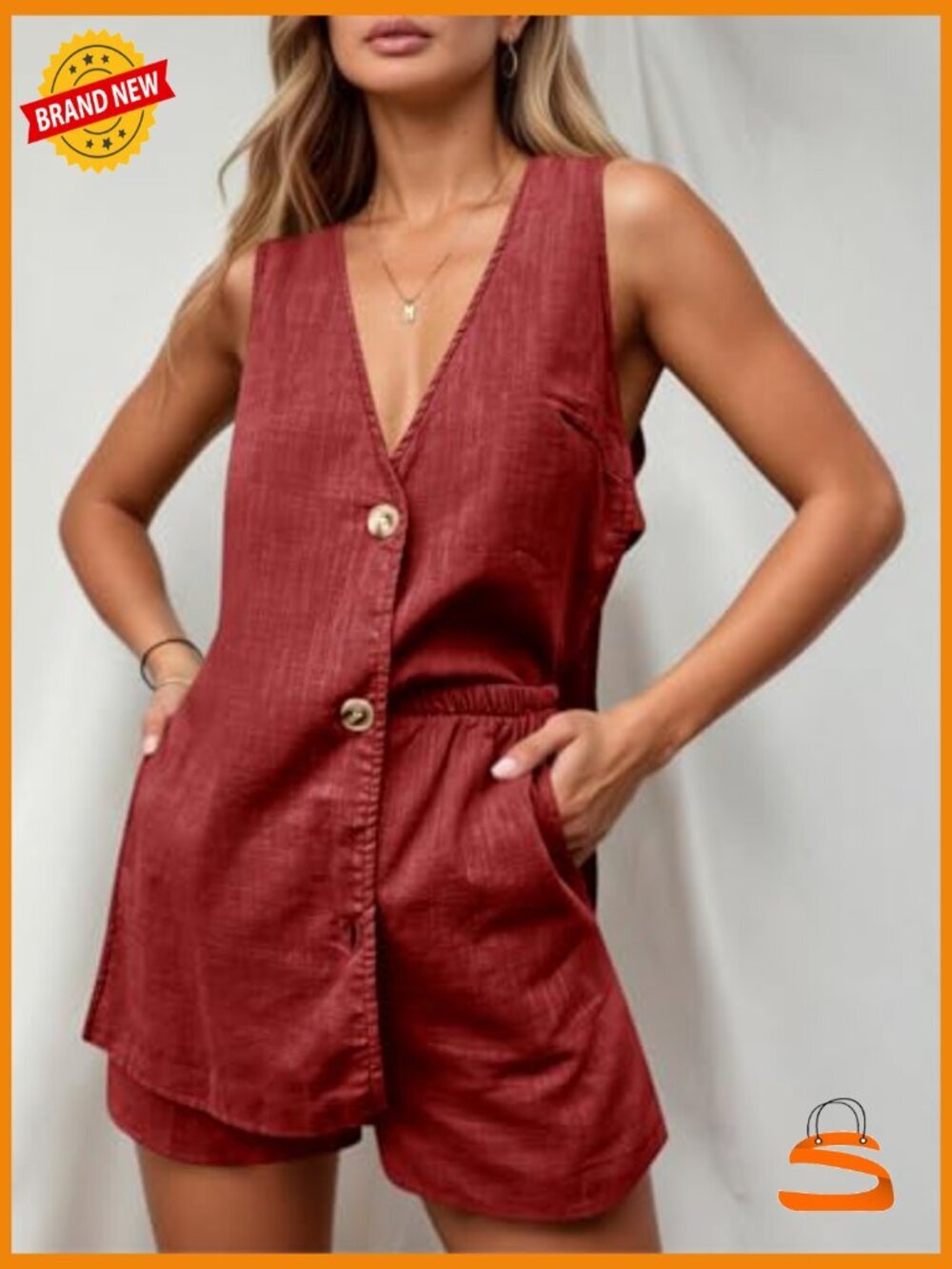 Women's 2 Piece Short Set: Tank Top & Shorts, V Neck Button Down, Summer - Picture 3 of 4